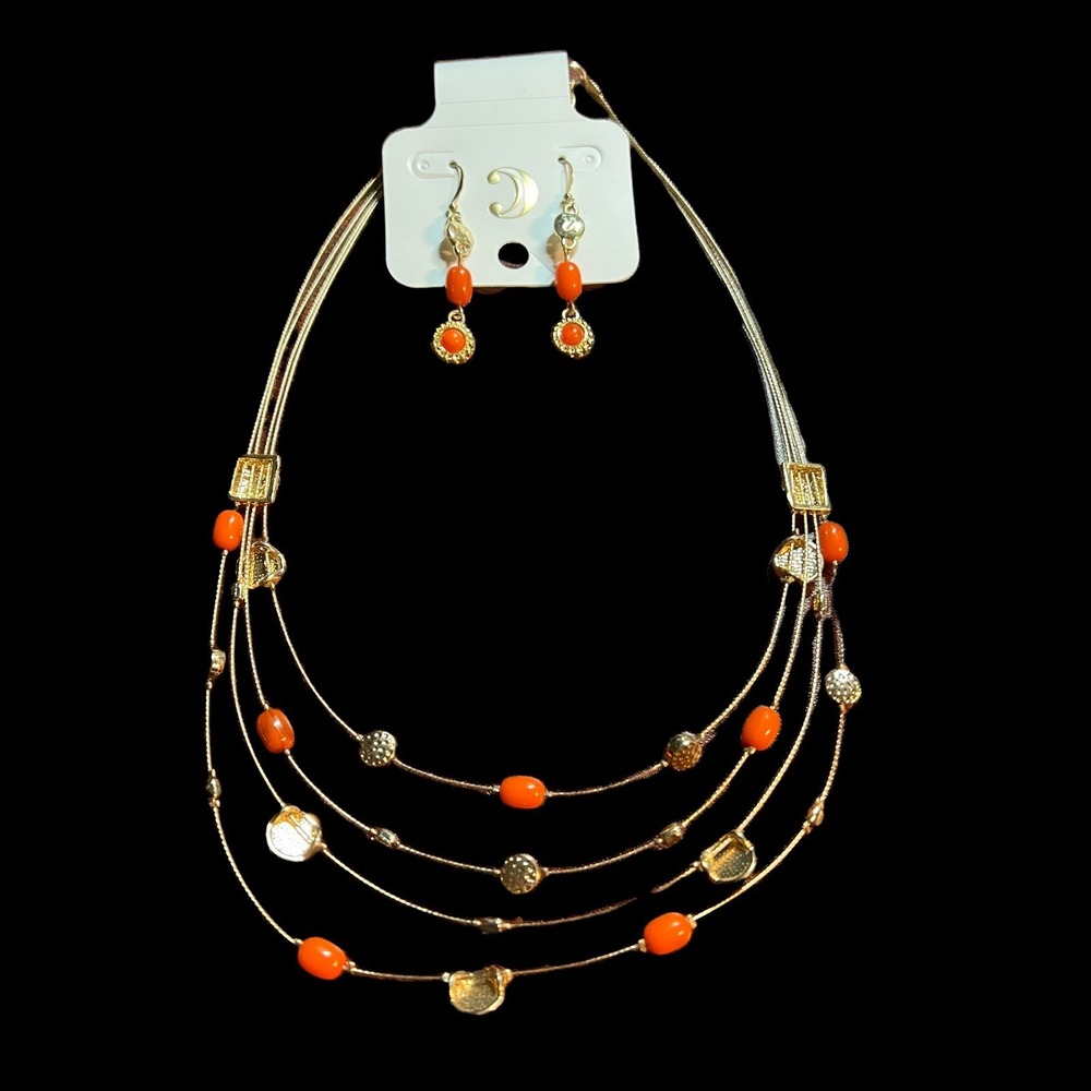 Charming Charlie Necklace Earrings Set Gold Tone Orange Beads‎ Multi-strand